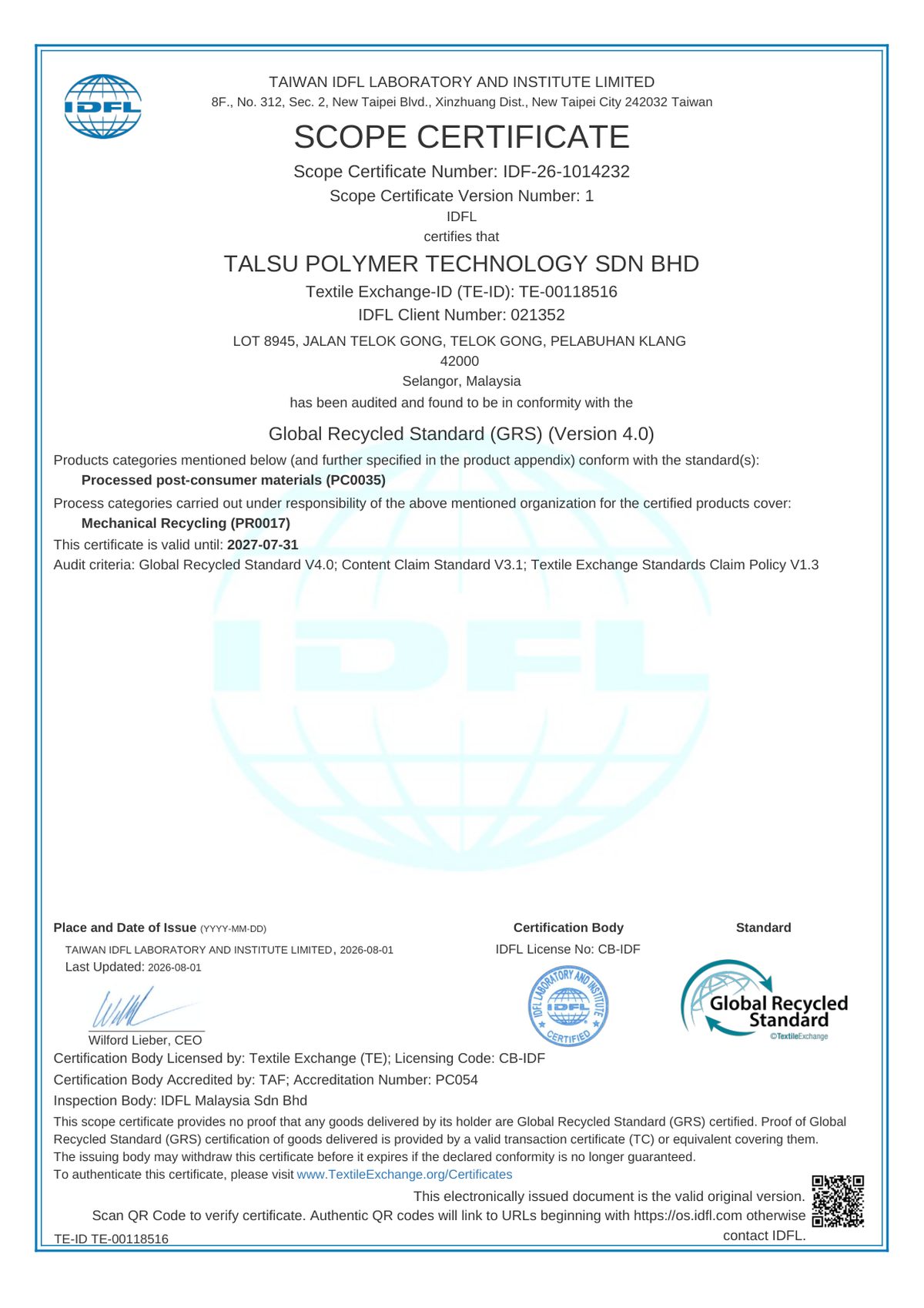 GRS 4.0 scope certificate IDF-26-1014232 issued to Talsu Polymer Technology Sdn Bhd