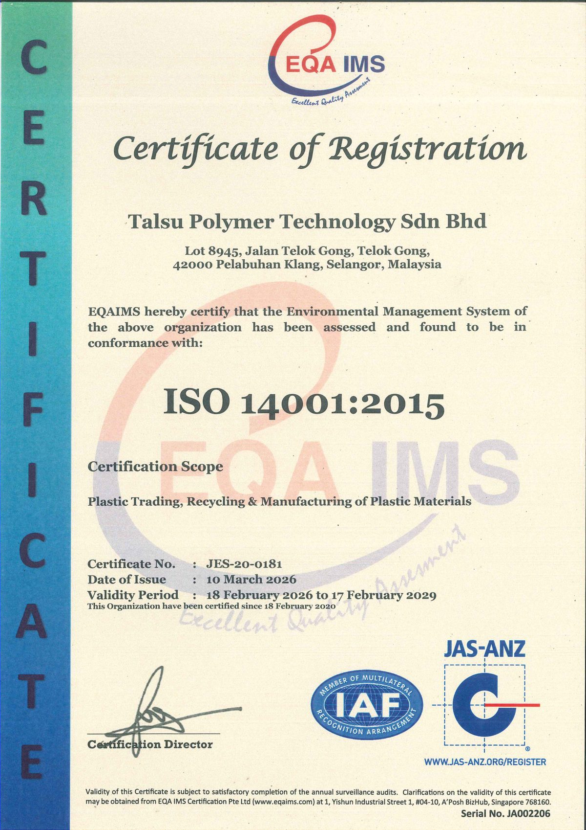 ISO 14001:2015 certificate JES-20-018 issued to Talsu Polymer Technology Sdn Bhd